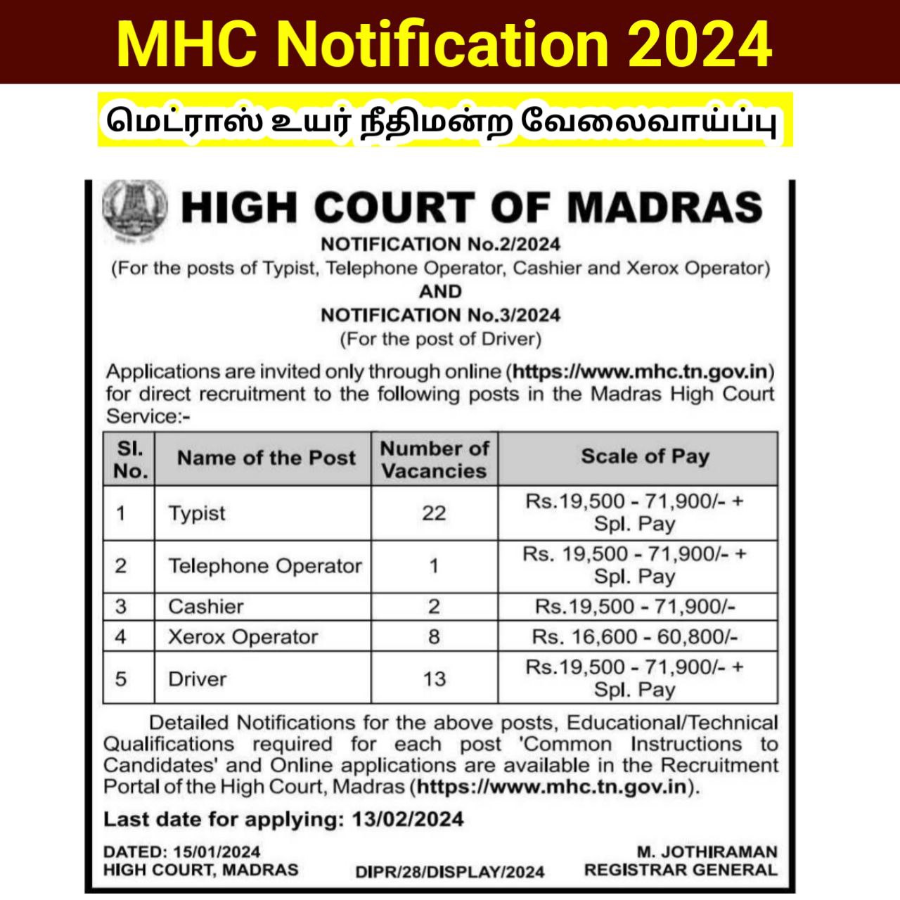 Madras High Court Recruitment 2024/Typist/Driver/apply online